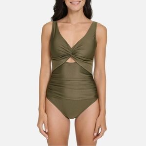 DKNY Women's Standard Twist Front Keyhole One Piece Swimsuit, Green Shimmer, Sm